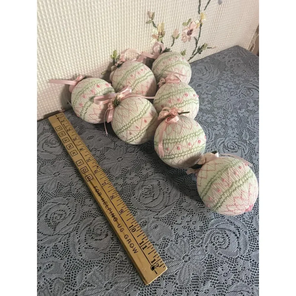Handmade Smocked Satin Ball Ornaments Lot Pink Green Embroidery Ribbon Roses